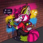 absurd_res ailurid alfakimera anthro backpack canid canine dragon dragonfruit_(elvche) eastern_dragon female fox graffiti graffiti_on_wall hi_res lgbt_pride lgbt_pride_month mammal mythological_creature mythological_scalie mythology night_in_the_woods pansexual_pride_colors pride_color_flag pride_colors red_panda scalie seraris solo transgender_pride_colors