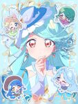 5girls :/ blonde_hair blue_bow blue_bowtie blue_eyes blue_gloves blue_hair blue_hat blue_nails bow bowtie butterfly_hat_ornament character_speculation chibi chibi_inset closed_mouth cure_eclair earrings fingerless_gloves frilled_hat frills gloves green_hair hand_on_own_chin hat hat_ornament heart heart_in_eye highres howa_kurea ieri_shiruku jewelry kaneda_rei kurusu_eliza looking_at_viewer magical_girl meitantei_precure! multiple_girls nail_polish orange_eyes ponytail precure purple_eyes red_eyes serizawa_serizane solo_focus symbol_in_eye 