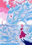  1girl absurdres cloud commentary dress facing_away flat_color from_behind hato_(n_hat_mu) highres ligne_claire moon original outdoors pink_hair pink_sky red_moon scenery shadow short_hair sky sleeveless sleeveless_dress solo standing water waves wide_shot wind 