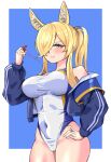  1girl absurdres akira1408 animal_ear_fluff animal_ears armband blonde_hair blue_archive blue_background blue_eyes blue_halo blue_jacket breasts commentary_request competition_swimsuit covered_navel dog_ears dog_girl extra_ears hair_over_one_eye halo hand_on_own_hip highleg highleg_one-piece_swimsuit highres holding holding_whistle jacket kanna_(blue_archive) kanna_(swimsuit)_(blue_archive) large_breasts long_hair looking_at_viewer notched_ear official_alternate_costume one-piece_swimsuit ponytail solo standing swimsuit two-tone_background whistle white_one-piece_swimsuit 