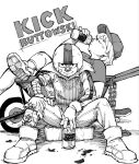  2boys andony_strawhat animification bandaged_leg bandages boots can chain closed_eyes commentary crossed_legs drinking english_commentary english_text gloves greyscale gunther_magnuson helmet highres holding holding_can jacket jumpsuit kick_buttowski kick_buttowski_(character) looking_at_viewer monochrome multiple_boys pants simple_background sitting smile striped_clothes striped_headwear torn_clothes torn_pants wheelbarrow white_boots white_gloves white_helmet white_jacket white_jumpsuit 