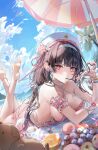  1girl absurdres anklet barefoot beach_umbrella beret bikini bikini_skirt black_hair blue_sky breasts chisa_(peach_parfait)_(wuthering_waves) chisa_(wuthering_waves) chromatic_aberration commentary day earrings feet flower_earrings food food_in_mouth hair_ribbon hairband hat highres jewelry large_breasts long_hair looking_at_viewer lying mungduck namipon_(wuthering_waves) on_stomach outdoors pink_eyes pink_ribbon pink_skirt plaid_bikini plaid_clothes pocky pocky_in_mouth ribbon sideboob skirt sky soles swimsuit the_pose toes umbrella white_hairband white_hat wuthering_waves 