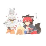  1girl 2boys animal_ear_fluff animal_ear_piercing animal_ears banyue_(zenless_zone_zero) black_gloves black_hair black_jacket blonde_hair blue_jacket candy closed_mouth clothed_robot clothes_around_waist commentary_request dog_boy dog_ears dog_tail fingerless_gloves food gloves grey_hair grey_hat hair_between_eyes hat holding holding_candy holding_food humanoid_robot jacket jewelry komano_manato leaf_in_mouth long_hair multicolored_hair multiple_boys norma_hollowell rebecca_(keinelove) red_bandage red_eyes red_hair robot robot_boy scar scar_on_face shako_cap shirt short_hair simple_background spiked_jacket tail translation_request weapon white_background white_shirt zenless_zone_zero 