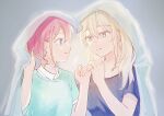  2girls absurdres black_shirt blue_eyes blue_sweater closed_mouth commentary eye_contact film_grain girls_band_cry grey_background grey_eyes grey_hair highres iseri_nina kawaragi_momoka long_hair looking_at_another multiple_girls pinky_swear prpr_churu red_hair shirt short_twintails smile sweater twintails yuri 