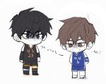  2boys @_@ basketball_jersey basketball_shorts basketball_uniform black_eyes black_hair black_shoes black_shorts black_socks black_tank_top blue_shorts blue_tank_top brown_eyes brown_hair chibi chibi_only choi_jongsu couple elbow_sleeve full_body garbage_time ki_sangho knee_brace knee_sleeve korean_text looking_down lower_eyelashes_only male_focus mole mole_under_eye multiple_boys nervous_sweating number_print orange_trim shaded_face shoes short_hair shorts sketch sneakers socks sportswear standing staring sweat tank_top translation_request ununtied white_shoes yaoi 