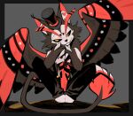  1boy animal_ears barefoot black_hat black_pants black_sclera cat_boy cat_ears cat_tail closed_mouth colored_sclera english_commentary feathered_wings furry furry_male hat hazbin_hotel hellaverse highres husk_(hazbin_hotel) kun_blackcat looking_at_viewer male_focus pants partially_feathered_tail sitting smile tail top_hat wings 