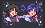  1boy :p akanbe alternate_hair_color arrow_(symbol) black_background black_bodysuit black_border black_bridal_gauntlets black_hair blunt_ends blush bodysuit border bridal_gauntlets bright_pupils choppy_bangs colored_eyelashes coloring_practice cropped_torso cross-shaped_pupils eyelid_pull finger_to_eye frown genshin_impact gold hand_up index_finger_raised japanese_clothes kimono looking_at_viewer male_focus mandarin_collar nouconcept open_clothes open_kimono purple_eyes purple_hair scaramouche_(genshin_impact) shoulder_peek solo symbol-shaped_pupils tongue tongue_out twitter_username v-shaped_eyebrows wanderer_(genshin_impact) white_kimono white_pupils 