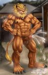 abs anthro balls biceps big_muscles blonde_hair blue_eyes brown_fur brown_nose claws colored cum cumshot digimon erection feline fur hair hands-free humanoid_penis leomon lion male mammal muscular necklace nipples nude orgasm pecs penis solo standing toe_claws unknown_artist 