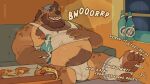 alcohol anthro artist_name backwards_hat beard beer beer_bottle belly belly_tuft beverage blue_clothing blue_hat blue_headwear body_hair bottle box brown_body brown_fur bulge burp_cloud burping chest_tuft claws clothing container detailed_bulge dialogue ear_piercing empty_bottle facial_hair food footwear fur furniture gnoll hair hand_on_shirt happy_trail hat head_tuft headgear headwear hi_res holding_beer_bottle hyena inside khangakhai looking_up male mammal multicolored_body multicolored_fur navel nipples on_sofa open_mouth overweight overweight_anthro overweight_male piercing pizza pizza_box pupils sharp_teeth shirt sitting sitting_on_sofa slob socks sofa solo stained_shirt stained_underwear tank_top teeth text topwear torn_clothing torn_footwear torn_socks tuft underwear white_sclera window