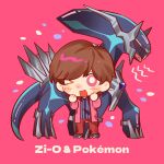  1boy 2786867956wuyu animification brown_hair chinese_commentary collared_shirt commentary_request crossover dialga full_body hands_up highres kamen_rider kamen_rider_zi-o_(series) long_sleeves looking_at_viewer one_eye_closed open_mouth pants pink_background pink_eyes pokemon pokemon_(creature) red_pants shirt shoes short_hair simple_background standing tokiwa_sougo 