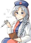  1girl asagiri_uyuki bespectacled between_fingers blue_dress blue_hat blush braid chemical_structure closed_mouth coat commentary cross cross_print dress glasses grey_hair hat holding holding_notepad holding_syringe lab_coat long_hair long_sleeves looking_at_viewer notepad nurse_cap open_clothes open_coat print_hat red_cross red_dress simple_background single_braid smile solo syringe touhou two-tone_dress very_long_hair white_coat yagokoro_eirin yellow_eyes 