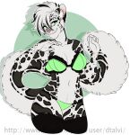 alicia_(northwynd) anthro black_clothing black_legwear black_thigh_highs bra breasts cleavage clothed clothing dtalvi felid female front_view green_clothing green_panties green_underwear hi_res legwear looking_at_viewer mammal midriff pantherine panties snow_leopard solo standing strapless_bra strapless_clothing strapless_underwear thigh_highs underwear underwear_only