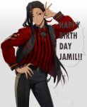  1boy belt belt_buckle black_belt black_eyes black_hair black_pants bow bowtie braid buckle character_name closed_mouth commentary cowboy_shot grey_background hand_on_own_hip hand_up happy_birthday highres jamil_viper layered_clothes long_hair long_sleeves male_focus pants pipin_(manmarusinden) red_bow red_bowtie simple_background smile solo twisted_wonderland untranslatable_commentary 