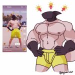 2024 5_fingers anthro aquatic artist_name beach biceps big_muscles biped black_clothing black_gloves black_handwear bottomwear clothed clothed_anthro clothed_human clothed_male clothing day deltoids digital_drawing_(artwork) digital_media_(artwork) english_text fin fingers fish front_view full-length_portrait gloves hands_on_own_hips handwear head_fin hi_res human male mammal mask muscular muscular_anthro muscular_male navel nipples non-mammal_navel non-mammal_nipples obscured_face outside palm_tree pecs picture_in_picture plant plantigrade portrait pose real shark shorts shorts_only simple_background skykdotidot snout solo tail text three-quarter_portrait topless topless_anthro topless_human topless_male tree white_background yellow_bottomwear yellow_clothing yellow_shorts youtube