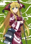  1girl ahoge armor blonde_hair blue_eyes blunt_bangs closed_mouth cowboy_shot green_background hat highres holding holding_polearm holding_weapon japanese_armor japanese_clothes kimono kusazuri long_hair looking_at_viewer obi obiage obijime polearm purple_sash rance_(series) red_hat red_kimono rizna_lanfebit sash smile solo standing sunomono turning_head very_long_hair weapon wide_sleeves 
