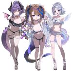 3girls :3 :d airi_kanna animal_ears antlers armpit_crease arms_behind_back ayatsuno_yuni bikini black_bikini black_choker black_hair blue_bow blue_eyes blue_nails blue_streaks bow breasts brown_hair choker cleavage commentary_request dragon_girl dragon_horns dragon_tail dragon_wings extra_ears fingernails frilled_bikini frills full_body gradient_tail grey_hair hair_bow hair_intakes hair_ornament hairclip heart heart_hair_ornament horns jewelry kkato korean_commentary large_breasts leaning_forward looking_at_viewer medium_breasts medium_hair multi-strapped_bikini_bottom multicolored_bikini multicolored_hair multiple_girls multiple_rings nail_polish navel open_mouth parallel_hairclips parted_bangs pointy_ears ponytail purple_eyes purple_hair purple_streaks purple_tail ring sakihane_huya sandals side-tie_bikini_bottom simple_background single_horn smile standing stellive stomach streaked_hair swimsuit tail toenail_polish toenails twintails two-tone_bikini virtual_youtuber white_background white_bikini white_horns wings yellow_eyes 