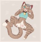 :3 animal_genitalia anthro blue_eyes blush brown_body brown_fur brown_pawpads butt butt_from_the_front cheek_tuft clothing collar colored crop_top cute_fangs digital_drawing_(artwork) digital_media_(artwork) domestic_cat facial_tuft fangs felid feline felis fur genitals hair hi_res male male_anthro mammal navel one_eye_closed pawpads paws shaded sheath shirt short_hair simple_background solo spread_legs spreading striped_body striped_fur stripes tail taintedstar teeth topwear tuft whiskers