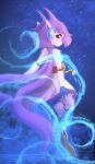  1girl arm_guards black_nose blue_boots blue_gloves boots chinese_knot dragon_girl earphones elisawind freedom_planet freedom_planet_2 furry furry_female gloves highres long_hair pink_fur purple_hair red_eyes sash_lilac solo tail twintails 