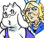 2026 2_horns anthro bare_shoulders big_breasts black_eyebrows black_eyes black_eyewear black_glasses blazer blonde_hair blue_blazer blue_clothing blue_eyeshadow blue_horn blue_nose blue_topwear boss_monster_(undertale) bovid breasts caprine carol_holiday cleavage clothed clothed_anthro clothed_female clothing collarbone curved_eyebrows deer deltarune digital_drawing_(artwork) digital_media_(artwork) duo ears_aside eyebrows eyelashes eyeshadow eyewear female floppy_ears fur fur_tuft gem glasses glistening glistening_hair glistening_horn glistening_jewelry glistening_necklace goat grey_jewelry grey_necklace hair half-closed_eyes head_tuft head_turned horn iris jewelry kardboardian light_body light_fur light_hair lips long_eyelashes looking_aside lop_ears makeup mammal mature_anthro mature_female monotone_background narrowed_eyes necklace new_world_deer no_pupils open_mouth pearl_(gem) pearl_necklace pupils purple_clothing purple_shirt purple_topwear reindeer shirt short_hair short_horn simple_background small_horn snout tan_body tan_ears tan_fur thick_bottom_lip three-quarter_view topwear toriel tuft undertale_(series) wearing_glasses white_background white_body white_breasts white_ears white_fur white_pupils white_sclera