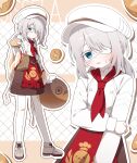  1girl abstract_background absurdres apron black_survival blue_eyes blush boots bread_bun brown_boots brown_skirt buttons character_name colored_eyelashes commentary_request cowboy_shot double-breasted eternal_return:_black_survival eyepatch full_body grid_background hagoonha hand_on_own_arm hat highres korean_commentary mandarin_collar medical_eyepatch medium_hair multiple_views neckerchief newsboy_cap official_alternate_costume open_mouth oven_mitts ponytail red_apron red_neckerchief shirt short_ponytail sissela_(black_survival) skirt standing sweatdrop white_eyelashes white_hair white_hat white_shirt wide_sleeves 
