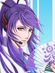  1boy absurdres ahoge bags_under_eyes colored_eyebrows commentary cosplay earphones gackt hair_ornament hair_stick hand_fan headset high_ponytail highres holding holding_weapon kamui_gakupo kamui_gakupo_(cosplay) ponytail purple_eyes purple_hair purple_trim real_life shirt solo swept_bangs user_tkeh7488 weapon white_shirt 