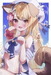  1girl :3 animal_ears bare_shoulders beret blonde_hair blue_sky blush braid breasts brown_eyes commentary_request crop_top dog_ears dog_girl dog_tail erune fang flower granblue_fantasy hair_flower hair_ornament hands_up hat highres k0bo43 long_hair looking_at_viewer navel open_mouth paw_pose sailor_collar sailor_hat scrunchie shirt sky smile solo swimsuit tail vajra_(granblue_fantasy) vajra_(summer)_(granblue_fantasy) very_long_hair white_hat white_shirt wrist_scrunchie 
