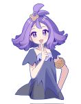  1girl acerola_(pokemon) armlet blush collarbone commentary dress hair_ornament highres index_finger_raised jewelry looking_at_viewer multicolored_dress open_mouth pokemon pokemon_sun_and_moon purple_eyes purple_hair shocho_(shaojiujiu) short_hair short_sleeves simple_background smile solo stitches topknot torn_clothes torn_dress untranslatable_commentary white_background 