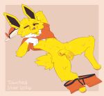 animal_genitalia anthro balls bodily_fluids cheek_tuft clothed clothing clothing_lift colored digital_drawing_(artwork) digital_media_(artwork) eeveelution eyes_closed facial_tuft fan_character fully_sheathed fur generation_1_pokemon genitals head_tuft heat_(temperature) hi_res jolteon lying male nintendo on_back open_mouth partially_clothed paws pokemon pokemon_(species) sheath shirt shirt_lift solo sweat tail taintedstar topwear tuft underwear underwear_down yellow_body yellow_fur