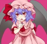  ascot bat_wings blue_hair blush bow hat hat_bow mob_cap open_mouth pointing red_background red_eyes remilia_scarlet rimu_(kingyo_origin) sash solo touhou wings 