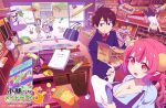  1boy 4girls aida_taketo apron artist_request bag binder_clip black_apron blonde_hair box breasts brown_eyes brown_hair candy candy_store cardboard_box cash_register cat child chips_(food) chloe_(maidragon) cleavage clipboard commentary_request dragon_horns dress drill_hair food gakuran gradient_hair handbag holding holding_box holding_clipboard holding_pen horns huge_breasts ilulu_(maidragon) kanna_kamui kobayashi-san_chi_no_maidragon logo miniskirt multicolored_hair multiple_girls official_art paper_stack pen pink_hair pointy_ears potato_chips purple_hair ramune red_eyes saikawa_riko school_bag school_uniform shop short_dress skirt sliding_doors slit_pupils suspender_skirt suspenders thighhighs white_thighhighs zettai_ryouiki 