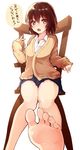  barefoot batatata77 brown_eyes brown_hair chair check_translation feet pleated_skirt short_hair sitting skirt soles solo speech_bubble sweater text_focus toes translation_request 