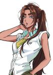  1girl alien_stage candy collared_shirt commentary_request contrast_collar curtained_hair dark-skinned_female dark_skin food food_in_mouth green_shirt grey_eyes hand_in_pocket hand_on_own_neck highres hyuna_(alien_stage) keika610247 layered_shirt lollipop lollipop_in_mouth long_hair official_alternate_costume ponytail school_uniform shirt sleeves_rolled_up solo thick_eyebrows very_long_hair white_background 