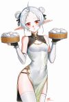  1girl :o absurdres ahoge alternate_costume bamboo_steamer bare_shoulders black_gloves breasts china_dress chinese_clothes cleavage_cutout clothing_cutout commentary covered_navel cowboy_shot dated detached_sleeves double_bun dress elf fingerless_gloves floral_print food forehead gloves hair_bun head_tilt highres linea_alba long_pointy_ears looking_at_viewer mandarin_collar mushoku_tensei open_mouth parted_bangs pointy_ears print_dress red_eyes side_slit signature simple_background sleeveless sleeveless_dress small_breasts solo steamed_bun sylphiette_(mushoku_tensei) thighhighs white_background white_dress white_hair white_sleeves white_thighhighs yisjhui 