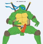  2015 3_fingers anthro balls bandanna belt biceps cromofox_(artist) erection fighting_stance green_skin katana leonardo_(tmnt) male mask melee_weapon muscular muscular_male nude pads penis pose reptile scalie shell simple_background solo standing sword teenage_mutant_ninja_turtles turtle weapon white_background 