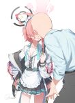  1boy 1girl ahoge apron bald belt black_halo black_pants black_skirt blue_archive blue_shirt blush braid cheek_bulge collared_shirt commentary_request covered_face dress_shirt flat_chest halo hetero highres huge_ahoge jacket jjigong_chigon kiss maid maid_apron maid_headdress multicolored_halo neru_(blue_archive) open_collar orange_hair pants pleated_skirt print_jacket pulling_another's_clothes sensei_(blue_archive) shirt short_hair simple_background single_braid skirt sukajan two-tone_halo unconventional_maid waist_apron white_apron white_background white_shirt yellow_halo 