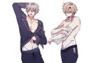  2boys abs absurdres arm_up aventurine_(anan)_(honkai:_star_rail) aventurine_(honkai:_star_rail) aventurine_(honkai:_star_rail)_(cosplay) bite_mark bite_mark_on_neck bite_mark_on_pectorals black_male_underwear black_pajamas black_pants black_ribbon black_shirt blonde_hair blue_eyes caelus_(honkai:_star_rail) caelus_(honkai:_star_rail)_(cosplay) collarbone commentary cosplay costume_switch cowboy_shot earrings grey_hair hair_between_eyes hand_up hands_up hickey highres honkai:_star_rail honkai_(series) implied_after_sex jewelry lapels long_sleeves looking_at_viewer male_focus male_underwear multicolored_eyes multiple_boys muscular muscular_male navel neck_tattoo official_alternate_costume one_eye_closed open_mouth pajamas pants pectorals purple_eyes ribbon rongyuan_gulu scar shirt short_hair short_sleeves simple_background single_earring sleeping standing t-shirt tattoo teeth trailblazer_(honkai:_star_rail) underwear white_background white_male_underwear white_shirt yaoi yawning yellow_eyes 