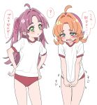  2girls ? ahoge akechi_anna blue_eyes blush buruma double_bun embarrassed flat_chest green_eyes gym_shirt gym_uniform hair_bun hair_ribbon hands_on_own_hips highres kobayashi_mikuru long_hair looking_at_another medium_hair meitantei_precure! motion_lines multiple_girls orange_hair panties panties_under_buruma panty_peek parted_bangs pink_ribbon precure purple_hair red_buruma ribbon shirt short_sleeves simple_background sincos sound_effects speech_bubble spoken_question_mark translation_request two_side_up underwear white_background white_panties white_shirt 