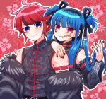  1boy 1girl amemiya_darumi arm_belt bare_shoulders belt black_hair black_nails black_ribbon black_shirt black_streaks blue_eyes blue_hair chinese_clothes collar commentary_request detached_sleeves double_bun face_piercing facial_mark fishnet_sleeves fishnets hair_bun hair_extensions hair_ribbon heart heart_facial_mark jacket jacket_partially_removed leaf_print light_blush makeup momo_(momo_2muco) multicolored_hair multicolored_shirt piercing red_belt red_collar red_eyes red_hair red_shirt ribbon ring_hair_extensions shirt sleeveless sleeveless_shirt smile streaked_hair sumino_takumi the_hundred_line_-last_defense_academy- 