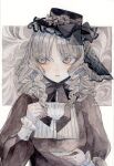  1girl black_hat black_shirt bow brown_eyes brown_hair commentary cup datennsi5 drill_hair english_commentary frilled_sleeves frills hand_up hat hat_bow hat_veil highres holding holding_cup holding_saucer juliet_sleeves long_sleeves medium_hair mole mole_under_mouth original painting_(medium) parted_lips puffy_sleeves quad_drills saucer shirt sideways_glance sleeve_cuffs solo straight-on teacup tilted_headwear traditional_media upper_body watercolor_(medium) 