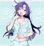 1girl :o ;o ahoge alternate_costume blue_archive blue_pajamas blush border breasts cleavage collarbone commentary english_commentary eudetenis highres long_hair looking_at_viewer messy_hair midriff midriff_peek navel one_eye_closed open_mouth pajamas partially_unbuttoned purple_eyes purple_hair shirt short_sleeves sleepy solo thighs towel towel_on_head variant_set white_border yawning yuuka_(blue_archive) yuuka_(pajamas)_(blue_archive) 