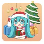  +_+ 1girl :d blue_eyes blue_hair blush_stickers boots border box brown_background capelet chibi chibi_only christmas christmas_tree commentary_request double-parted_bangs dress full_body fur-trimmed_boots fur-trimmed_capelet fur-trimmed_dress fur-trimmed_gloves fur-trimmed_headwear fur_trim gift gift_box gloves hair_between_eyes hat hatsune_miku highres holding holding_gift long_hair nukotun open_mouth outside_border red_boots red_capelet red_dress santa_costume santa_dress santa_hat simple_background sitting smile solo twintails very_long_hair vocaloid white_border 
