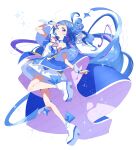  1girl ahoge aokaze_nana bare_shoulders blue_bow blue_bowtie blue_dress blue_gloves blue_hair blue_nails blue_ribbon blue_sleeves bow bowtie closed_mouth collar cure_wink detached_collar detached_sleeves dress fingerless_gloves footwear_bow full_body gloves hair_bun hair_ribbon hairband hand_on_own_head headset heart_hair_bun highres huge_ahoge idol_heart_brooch_(precure) kimi_to_idol_precure long_hair looking_at_viewer magical_girl multicolored_hair nail_polish one_eye_closed one_side_up plaid_ribbon precure purple_eyes purple_hair ribbon serizawa_serizane shoes simple_background single_hair_bun smile solo standing standing_on_one_leg strapless strapless_dress streaked_hair two-tone_hair very_long_hair watermark white_background white_collar white_hairband white_shoes 