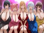  5girls :d :o absurdres areola_slip aroused bare_shoulders bead_necklace beads black_dress black_hair blonde_hair blue_dress blue_eyes blue_gloves breasts brown_hair choker chomikuplus cleavage collarbone commentary_request covered_nipples dress elbow_gloves feet_out_of_frame gloves green_eyes highres huge_breasts jewelry large_areolae long_hair looking_at_viewer multiple_girls navel necklace open_mouth original pink_dress pink_eyes pink_hair purple_eyes red_dress seductive_smile short_hair smile tongue tongue_out white_hair yellow_dress 