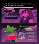  1boy 1girl arm_behind_head armlet closed_eyes closed_mouth commentary crying deltarune english_commentary english_text fangs floppy_ears furry furry_female furry_male green_hat green_robe grin hat highres jewelry looking_to_the_side magentasnail pink_hair pink_scarf ralsei ralsei_(hat) robe scarf scene_reference smile speech_bubble spiked_armlet susie_(dark_world)_(deltarune) susie_(deltarune) thought_bubble utdr_(toby_fox) video_game_dialogue_box witch_hat 