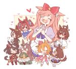  6+girls agnes_digital_(umamusume) agnes_tachyon_(tach-nology)_(umamusume) agnes_tachyon_(umamusume) ahoge animal_ear_piercing animal_ears black_eyes black_hair blue_dress blush bow brown_hair cape check_commentary chibi closed_eyes clutching_chest commentary_request crown crying daiwa_scarlet_(peak_blue)_(umamusume) daiwa_scarlet_(umamusume) dress ear_ribbon frilled_dress frills green_dress hair_between_eyes heart horse_ears horse_girl k0bo43 kitasan_black_(gilded_shrine_to_glory)_(umamusume) kitasan_black_(umamusume) lab_coat large_bow long_hair medium_hair meisho_doto_(turbulent_blue)_(umamusume) meisho_doto_(umamusume) multicolored_hair multiple_girls open_mouth orange_hair patterned_hair pink_cape pink_crown pink_hair purple_eyes red_bow red_eyes satono_diamond_(natural_brilliance)_(umamusume) satono_diamond_(umamusume) short_hair simple_background sparkle streaked_hair t.m._opera_o_(o_sole_suo!)_(umamusume) t.m._opera_o_(umamusume) thighhighs two-tone_skirt umamusume vodka_(umamusume) vodka_(wild_top_gear)_(umamusume) white_background white_hair white_streaks yuri 
