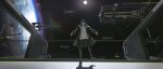  1girl absurdres arknights arknights:_endfield black_jacket black_pantyhose black_shoes black_shorts covered_eyes earth_(planet) endministrator_(arknights) eye_mask facing_viewer female_endministrator_(arknights) highres jacket kusami_toka_naku_au mask open_clothes open_jacket open_mouth outdoors pantyhose pantyhose_under_shorts planet shadow shoes shorts solo space spacecraft sun sweater white_sweater wide_shot 