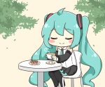  1girl ahoge aqua_hair blush_stickers chair chibi chibi_only closed_eyes closed_mouth commentary_request cup detached_sleeves double-parted_bangs full_body hatsune_miku hatsune_miku_(nt) holding holding_cup leaf long_hair neck_ribbon nukotun on_chair piapro_studio ribbon round_table saucer shirt sitting sleeveless sleeveless_shirt smile solo table teacup twintails very_long_hair vocaloid white_shirt 
