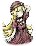  1girl blonde_hair closed_mouth commentary_request donut dress food hat highres holding_own_dress long_hair looking_at_viewer monogatari_(series) necktie official_alternate_costume one_eye_closed oshino_shinobu pointy_ears red_dress simple_background smile solo tsukihi_shida vampire yellow_eyes 