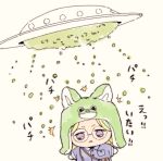 ! !! 1boy animal_hat aqua_hair blonde_hair commentary_request flying_saucer green_hat haitani_rindou hat male_focus multicolored_hair niko20223 peas purple_eyes short_hair simple_background spacecraft streaked_hair tokyo_revengers two-tone_hair upper_body 
