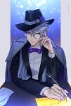  1boy azul_ashengrotto bow bowtie buttons closed_mouth coat coat_on_shoulders commentary dress_shirt fingernails glasses grey_hair hair_between_eyes hand_up hat highres holding holding_pen layered_clothes long_sleeves looking_at_viewer male_focus mole mole_under_mouth paper pen pipin_(manmarusinden) purple_bow purple_bowtie shirt short_hair solo twisted_wonderland twitter_username untranslatable_commentary upper_body white_shirt wingtip_collar 